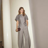 JoveCC Check Pleat Blouse - Light Grey