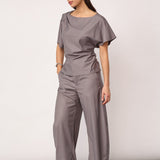 JoveCC Check Pleat Blouse - Light Grey