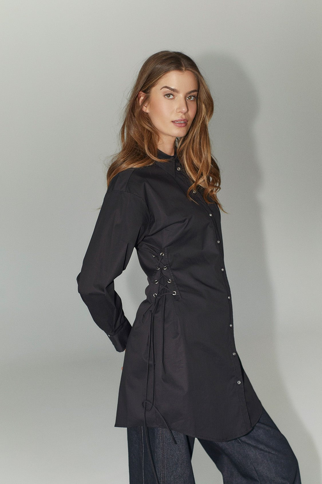 PoppyCC Eyelet Tie Shirt Dress - Black - Co'couture